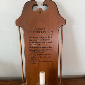 Vintage Rules of this Tavern Sign w/ Candle Holder Early American Colonial style